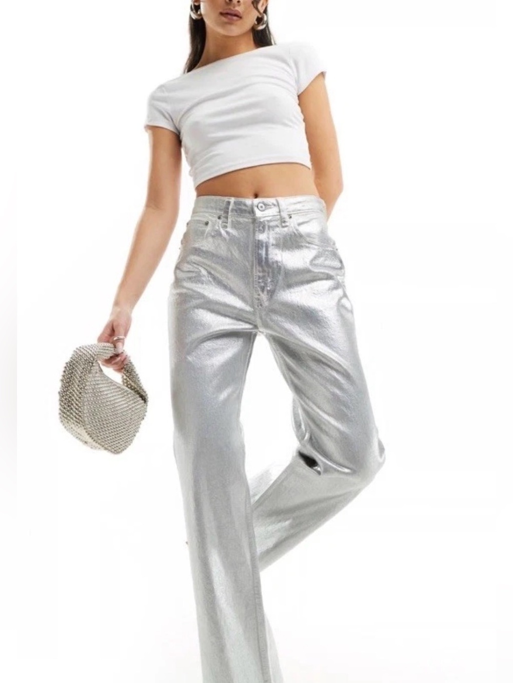 NWT Abercrombie Metallic Silver Curve Love Ultra High Rise 90s Straight Jean